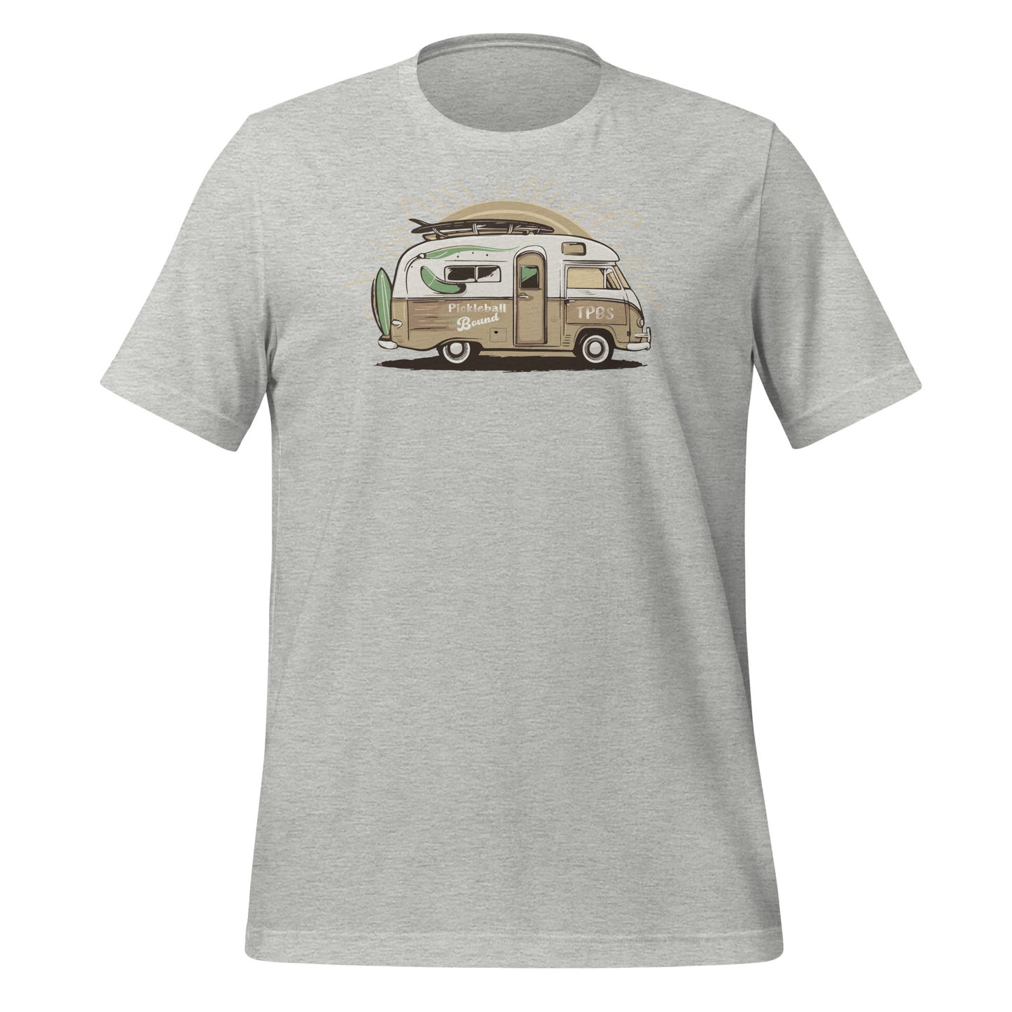 Close-up of the camper van graphic on a black heather t-shirt, showing detailed pickleball gear.