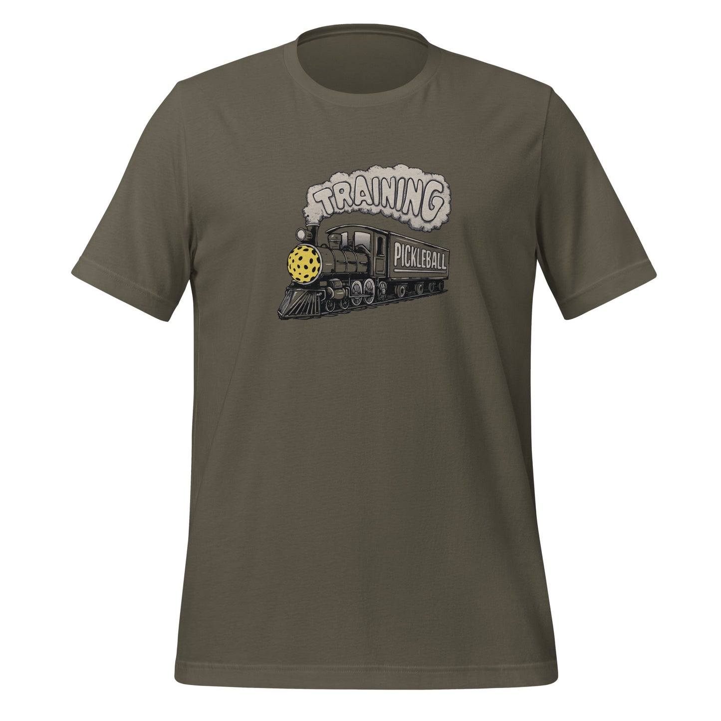 Close-up of the steam engine graphic on a blue t-shirt, showing the pickleball headlight and detailed lettering.