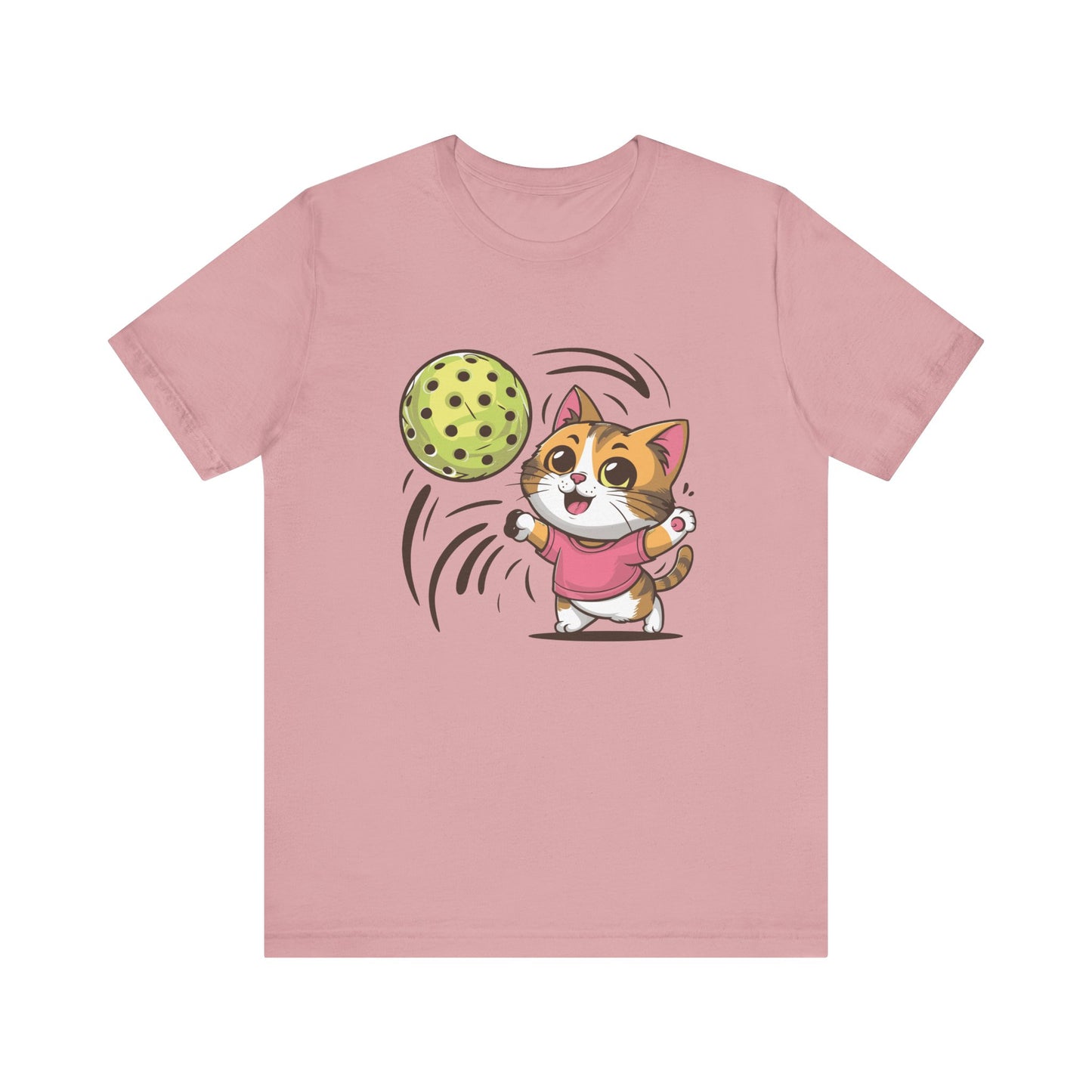 Pink t-shirt featuring an adorable cartoon cat in a pink shirt, joyfully playing with a large pickleball.
