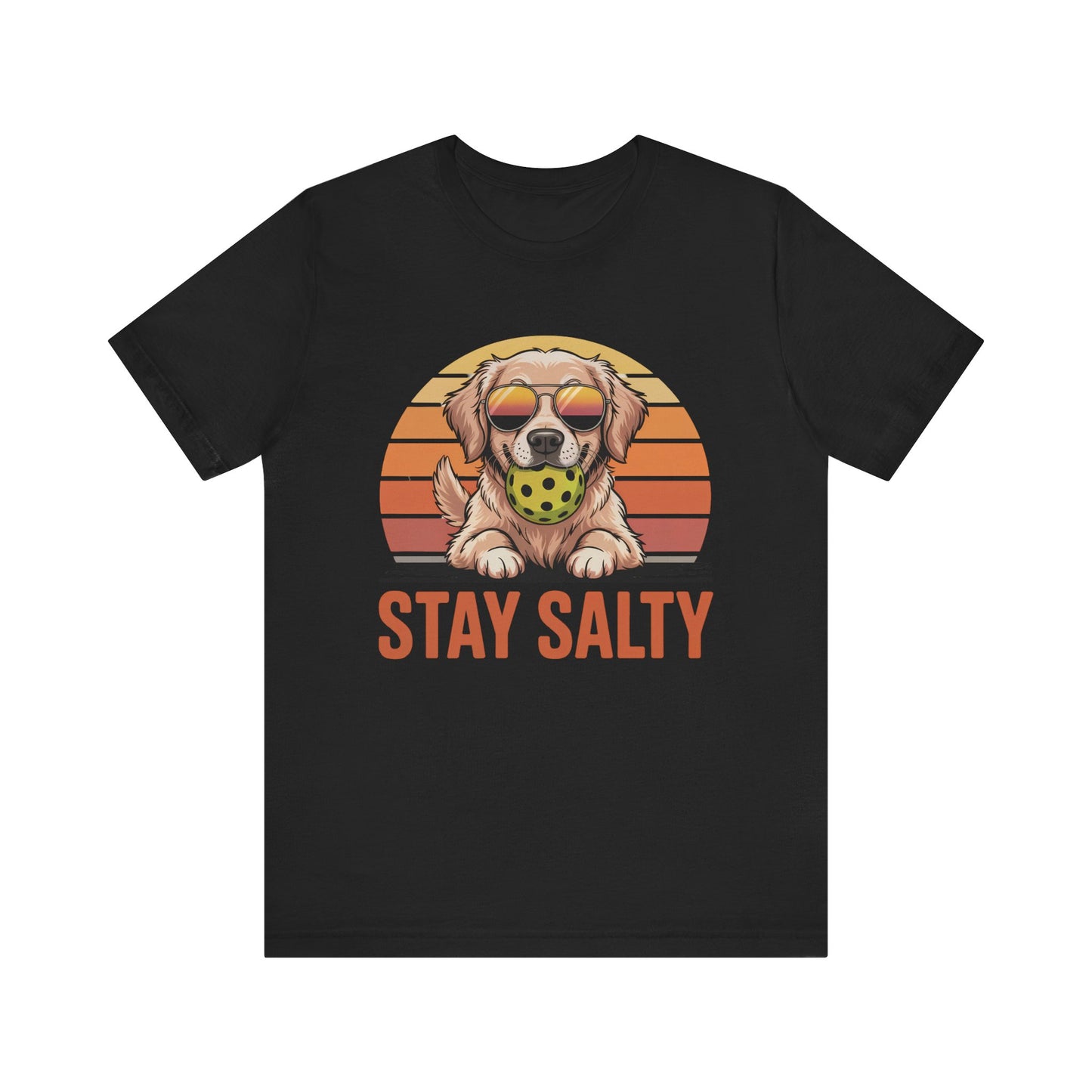 tay Salty Dog pickleball t-shirt featuring golden retriever with sunglasses and pickleball in mouth against retro sunset stripes