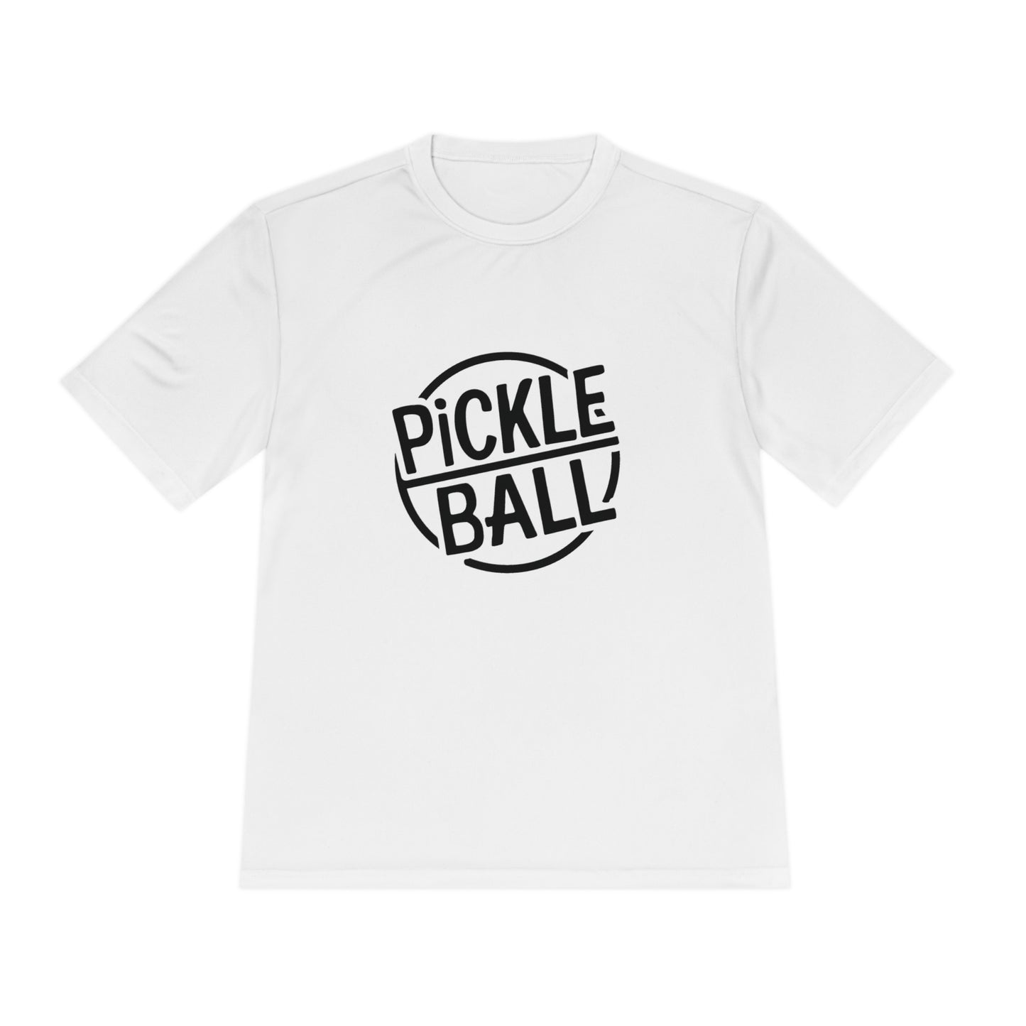 White pickleball performance t-shirt with a bold black “Pickleball” minimalist graphic.