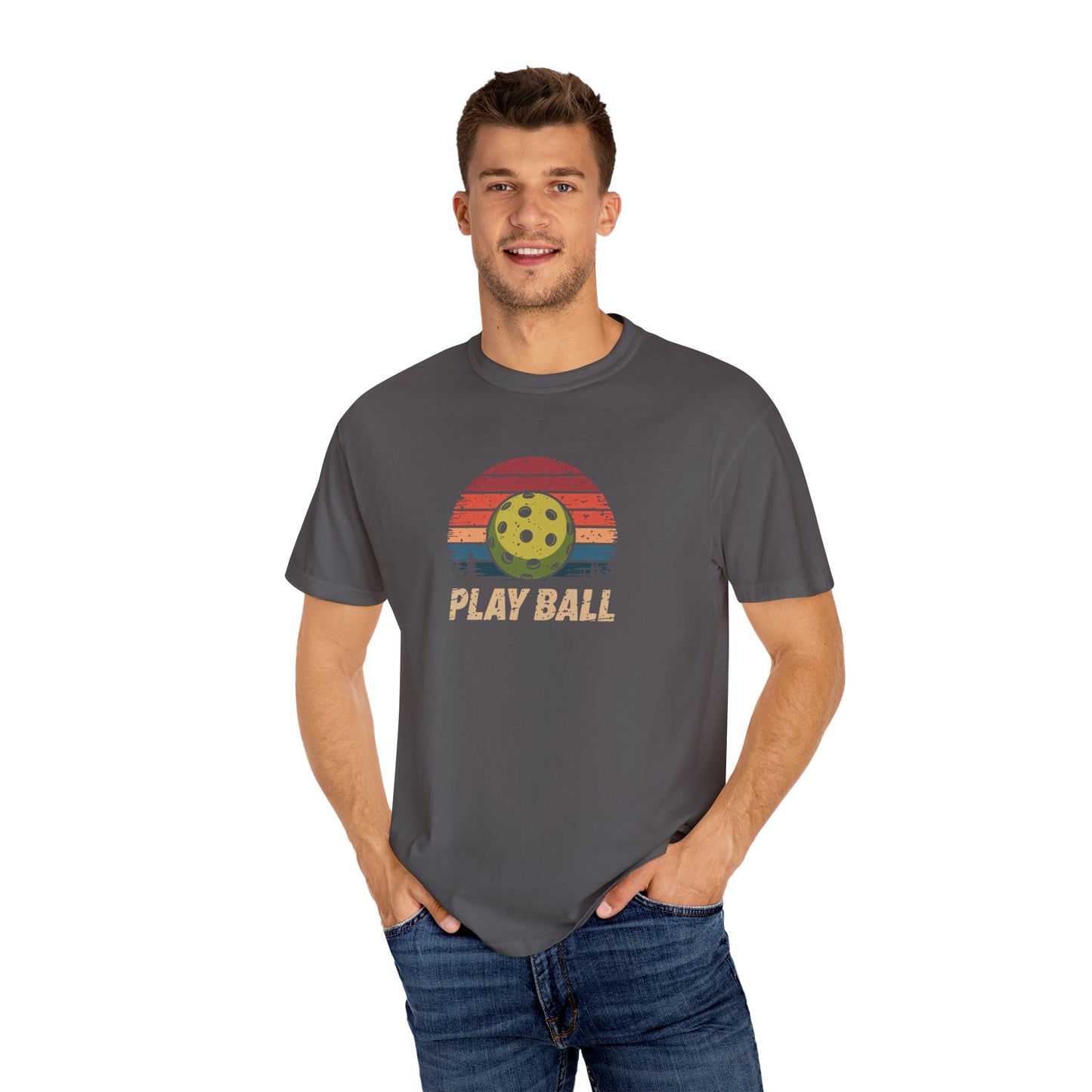 Vintage Play Ball Pickleball T-Shirt – Retro Sunset Design