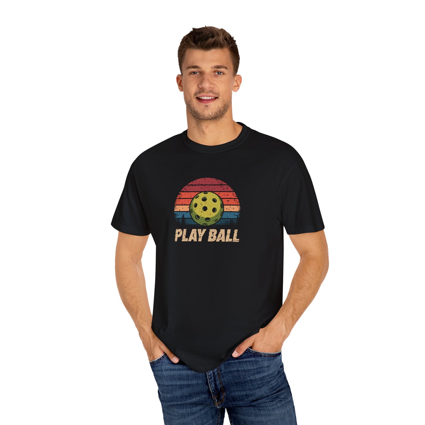 Vintage Play Ball Pickleball T-Shirt – Retro Sunset Design