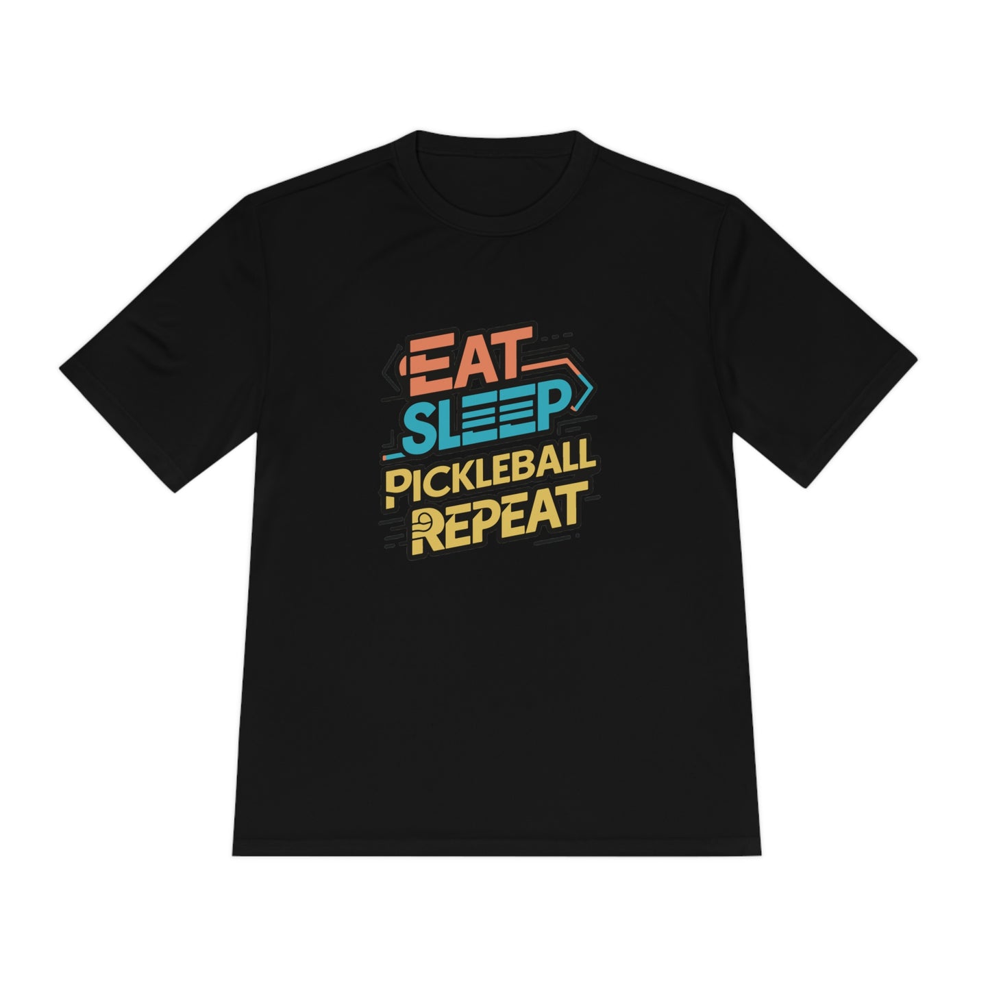 Black pickleball t-shirt with “Eat, Sleep, Pickleball, Repeat” graphic in vibrant colors.