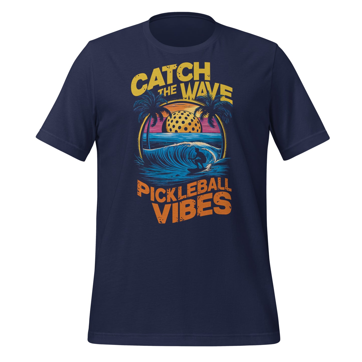 Navy t-shirt with “Catch the Wave Pickleball Vibes” graphic featuring a surfer, pickleball, and palm trees.