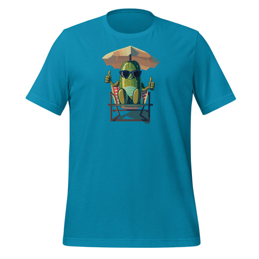Aqua pickleball t-shirt with a graphic of a pickle lounging under an umbrella, giving thumbs up.