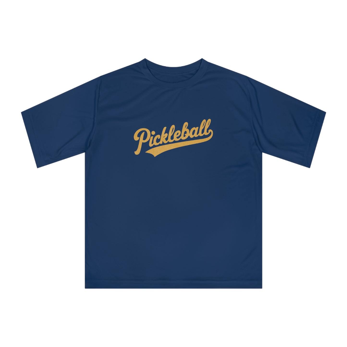 Navy blue performance t-shirt with “Pickleball” written in yellow script, resembling a classic baseball font.