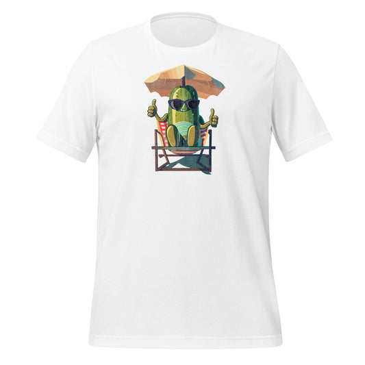  Close-up of the lounging pickle graphic on an aqua t-shirt, showing the pickle relaxing under an umbrella.
