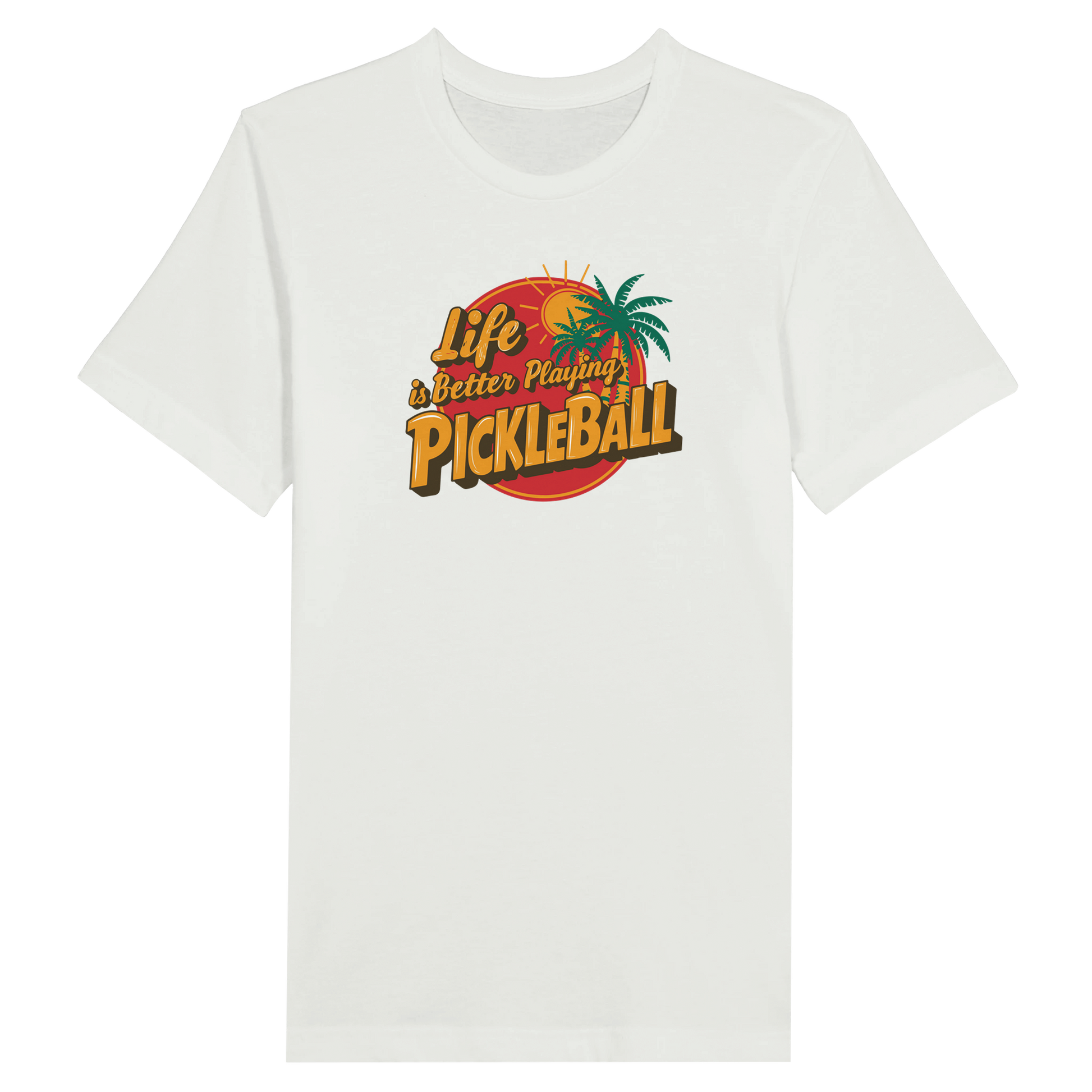Close-up of the “Life is Better Playing Pickleball” graphic on a light blue t-shirt, showing vibrant colors and palm trees.