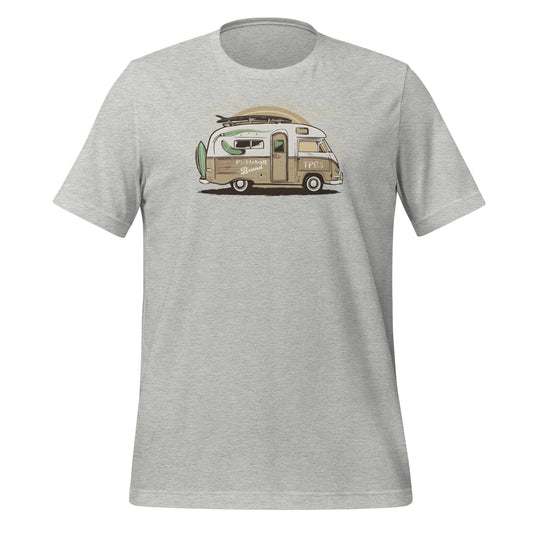 Close-up of the camper van graphic on a black heather t-shirt, showing detailed pickleball gear.