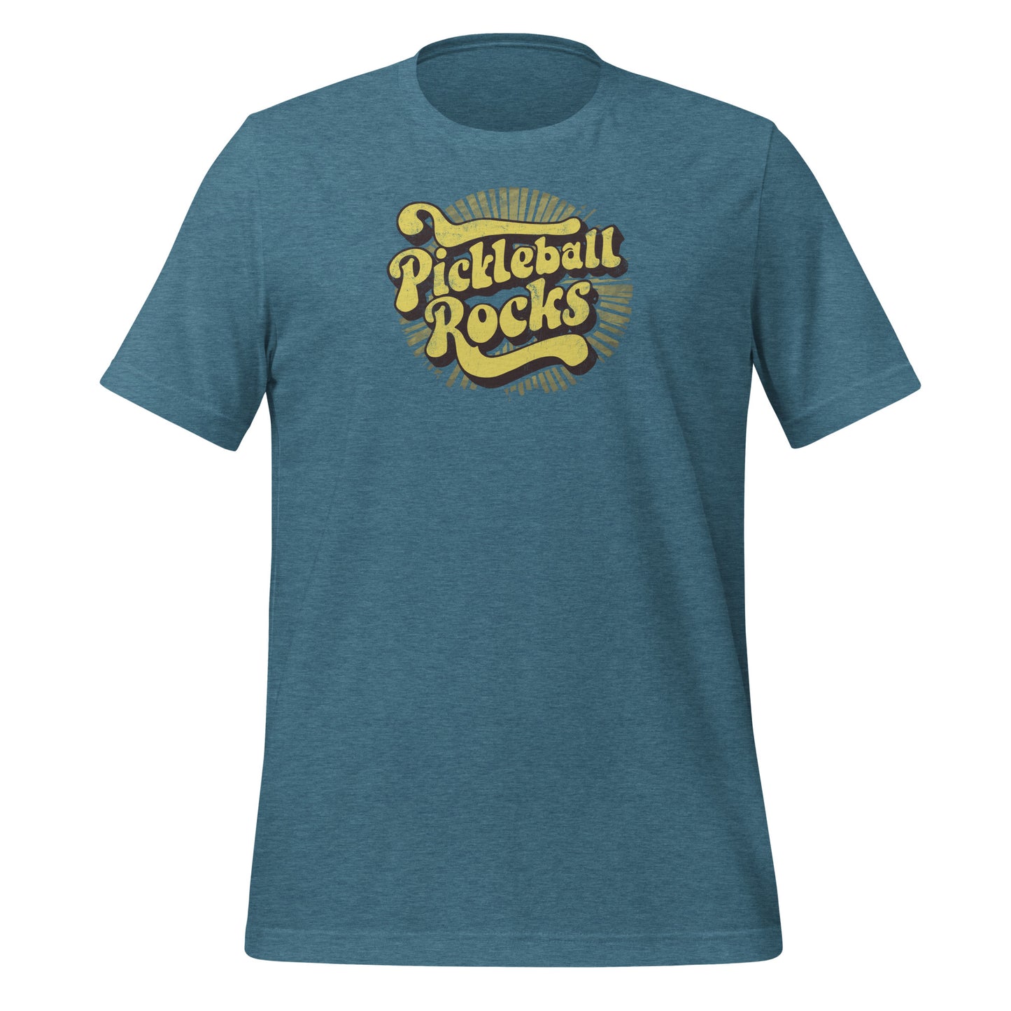 lose-up of the “Pickleball Rocks” graphic on a black heather t-shirt, showing retro lettering and a vintage feel.