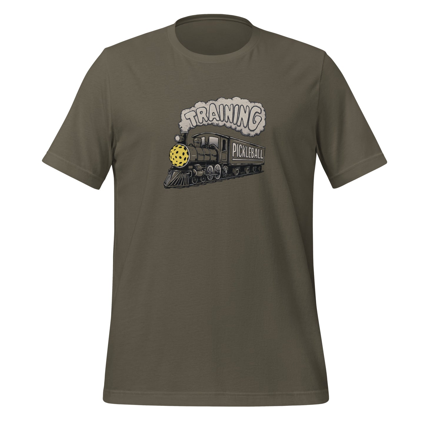 Close-up of the steam engine graphic on a blue t-shirt, showing the pickleball headlight and detailed lettering.