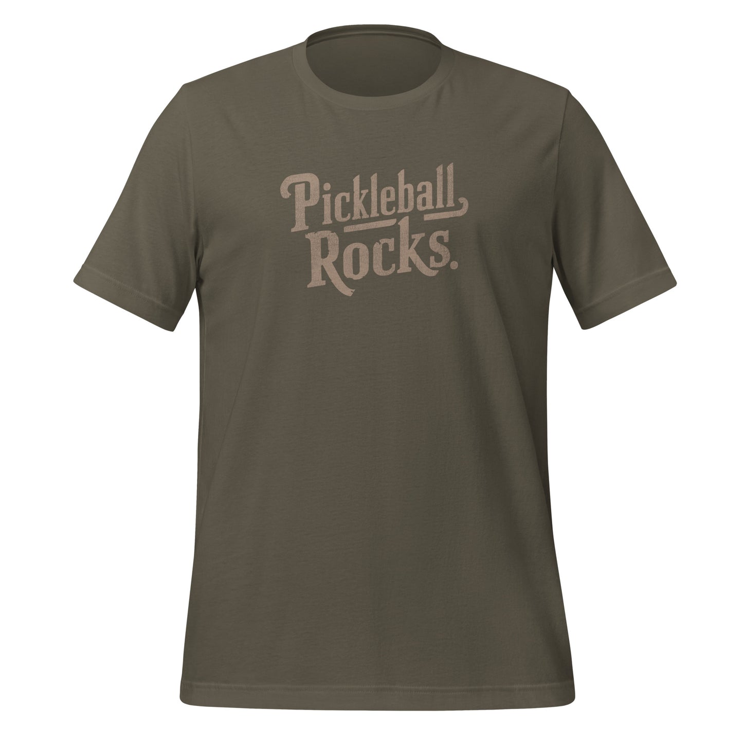 Close-up of the “Pickleball Rocks” text on a black t-shirt, highlighting the vintage-style font.