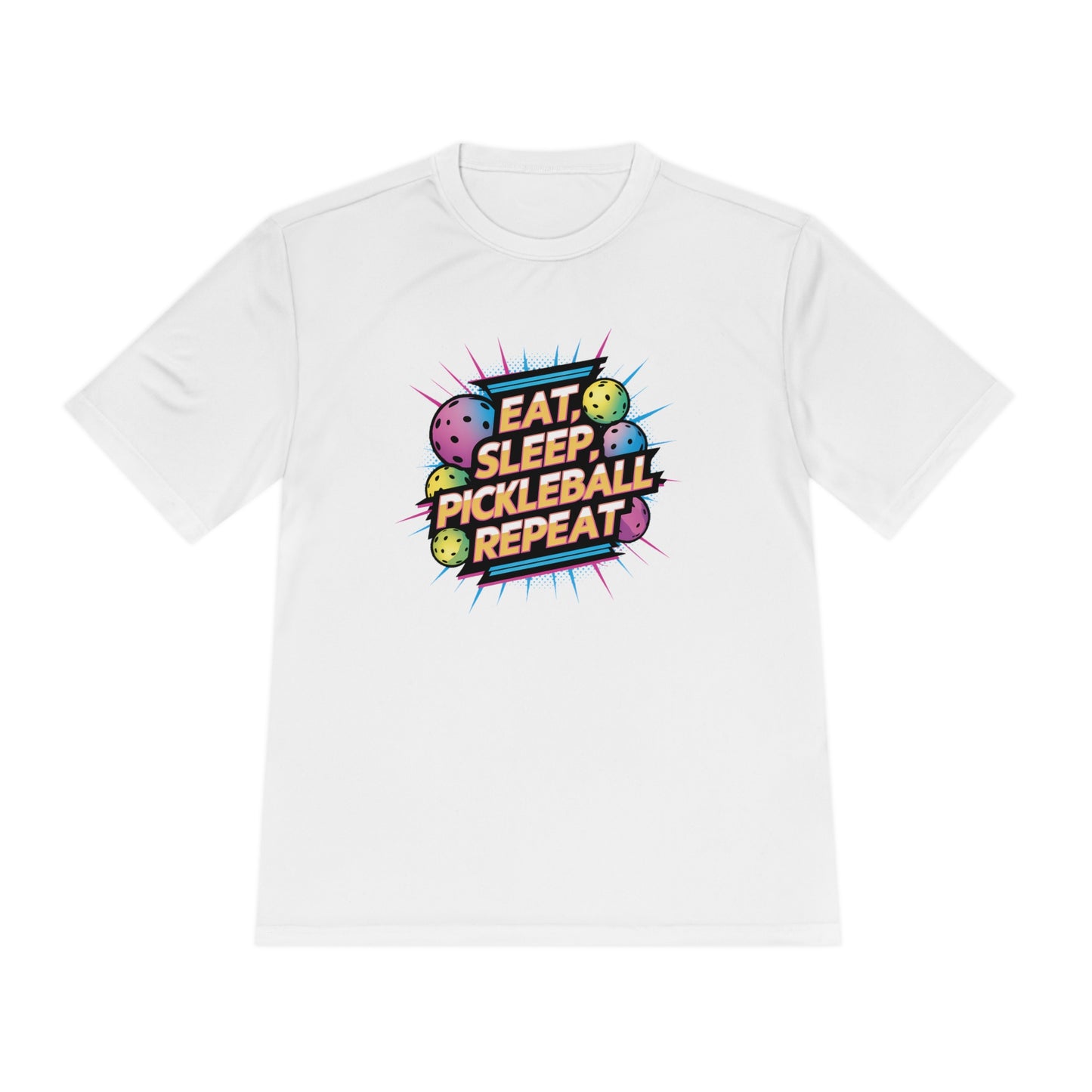 Eat Sleep Pickleball Repeat performance t-shirt with a vibrant, multicolored graphic, perfect for staying cool and stylish on the court