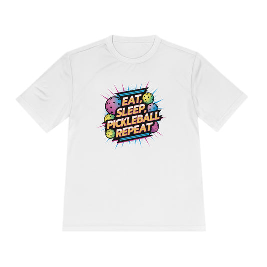 Eat Sleep Pickleball Repeat performance t-shirt with a vibrant, multicolored graphic, perfect for staying cool and stylish on the court