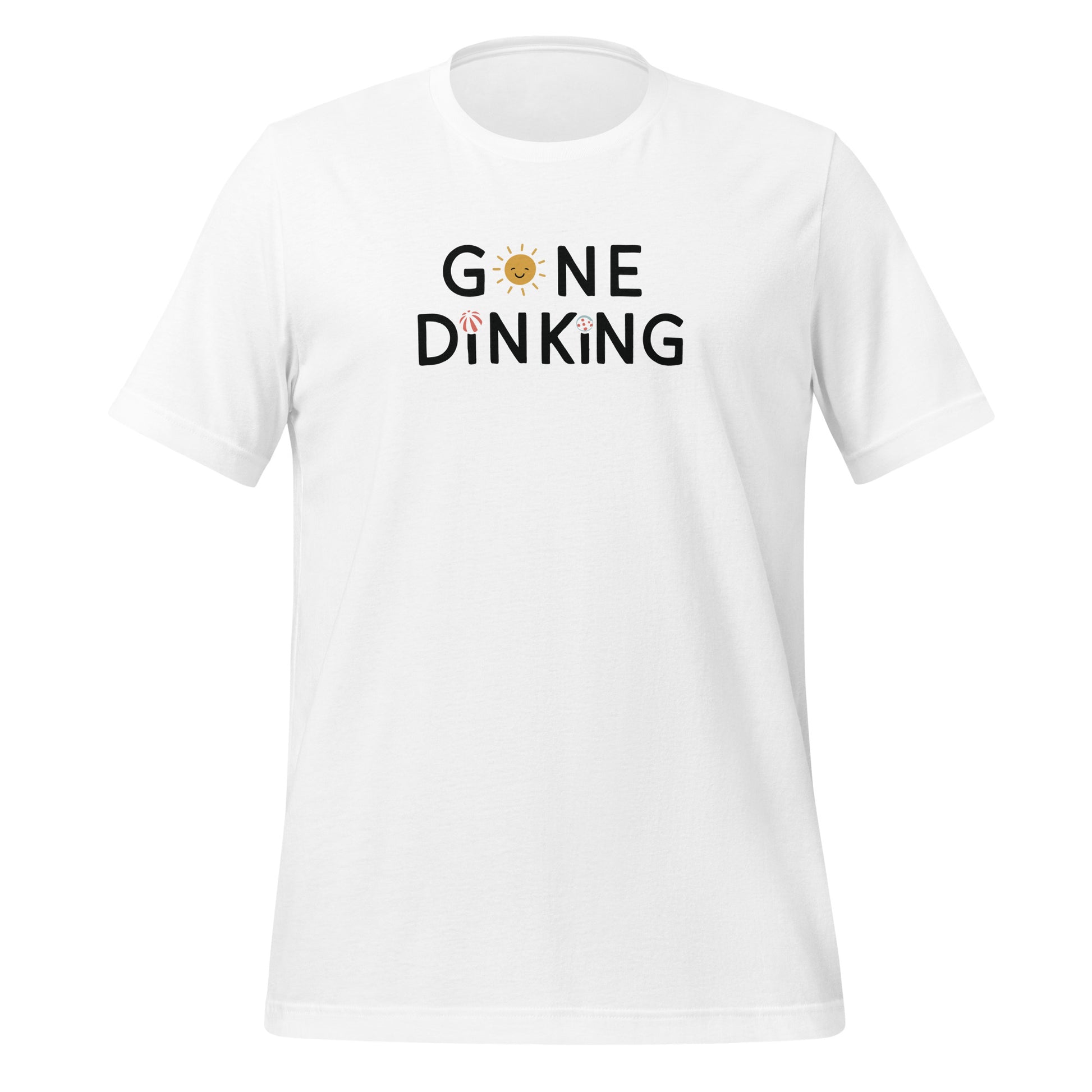 White t-shirt with “Gone Dinking” graphic featuring a playful sun and pickleball designs.