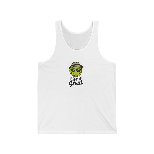 White tank top featuring a pickleball character wearing sunglasses and a hat, with the slogan “Life is Great.”