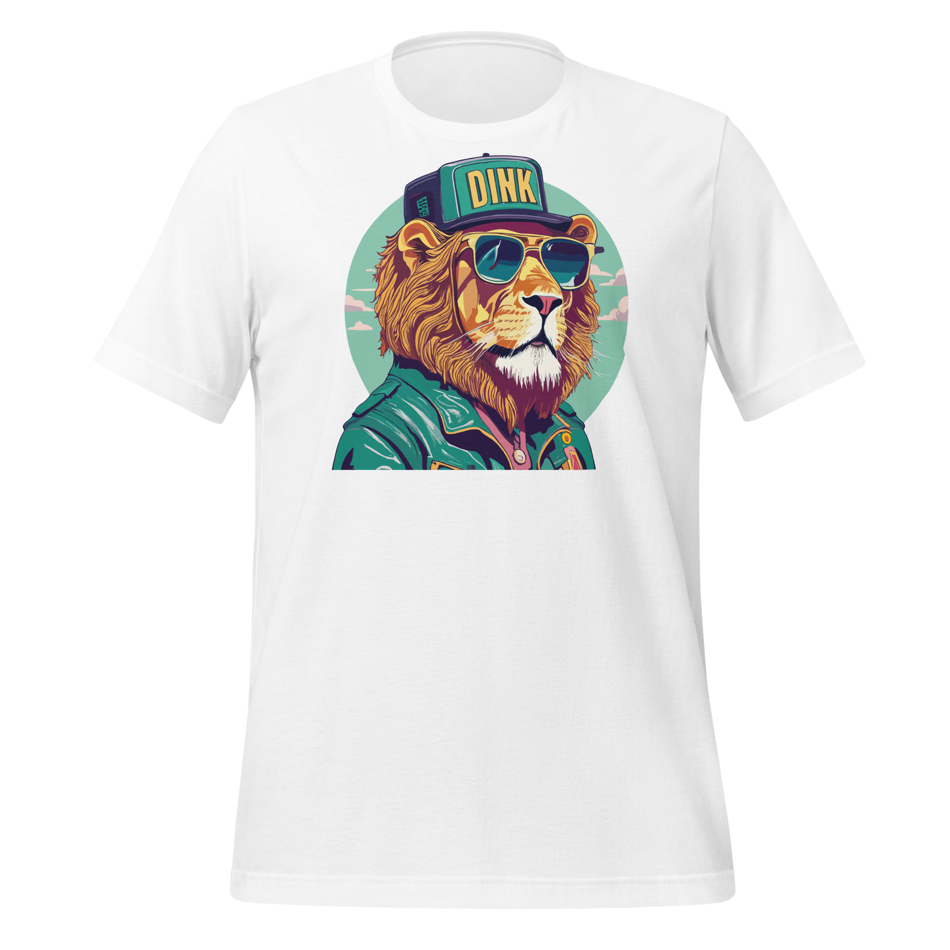 White t-shirt featuring a graphic of a cool lion wearing a “Dink” cap, aviator sunglasses, and a leather jacket.