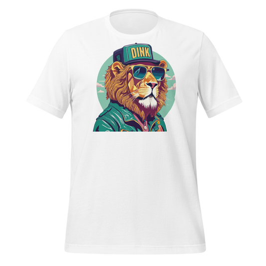 White t-shirt featuring a graphic of a cool lion wearing a “Dink” cap, aviator sunglasses, and a leather jacket.