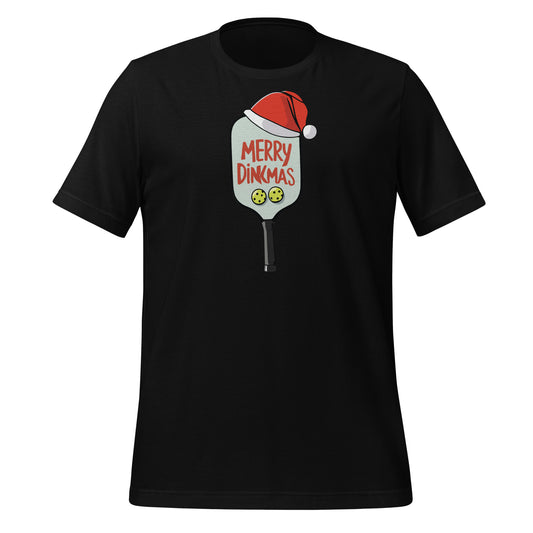 Black pickleball t-shirt with “Merry Dinkmas” graphic featuring a Santa hat on a pickleball paddle.