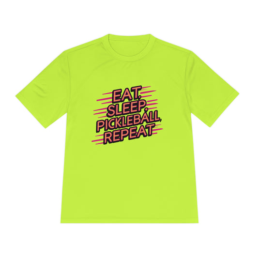 Neon green pickleball performance t-shirt with the phrase ‘Eat, Sleep, Pickleball, Repeat’ in bold colors.