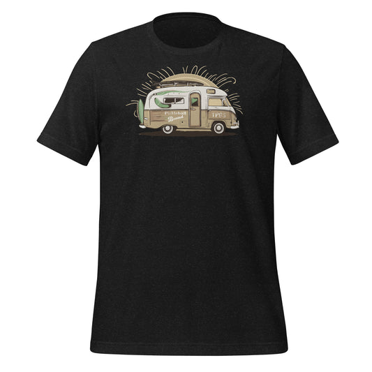  Black heather pickleball t-shirt with a graphic of a vintage camper van adorned with pickleball gear.
