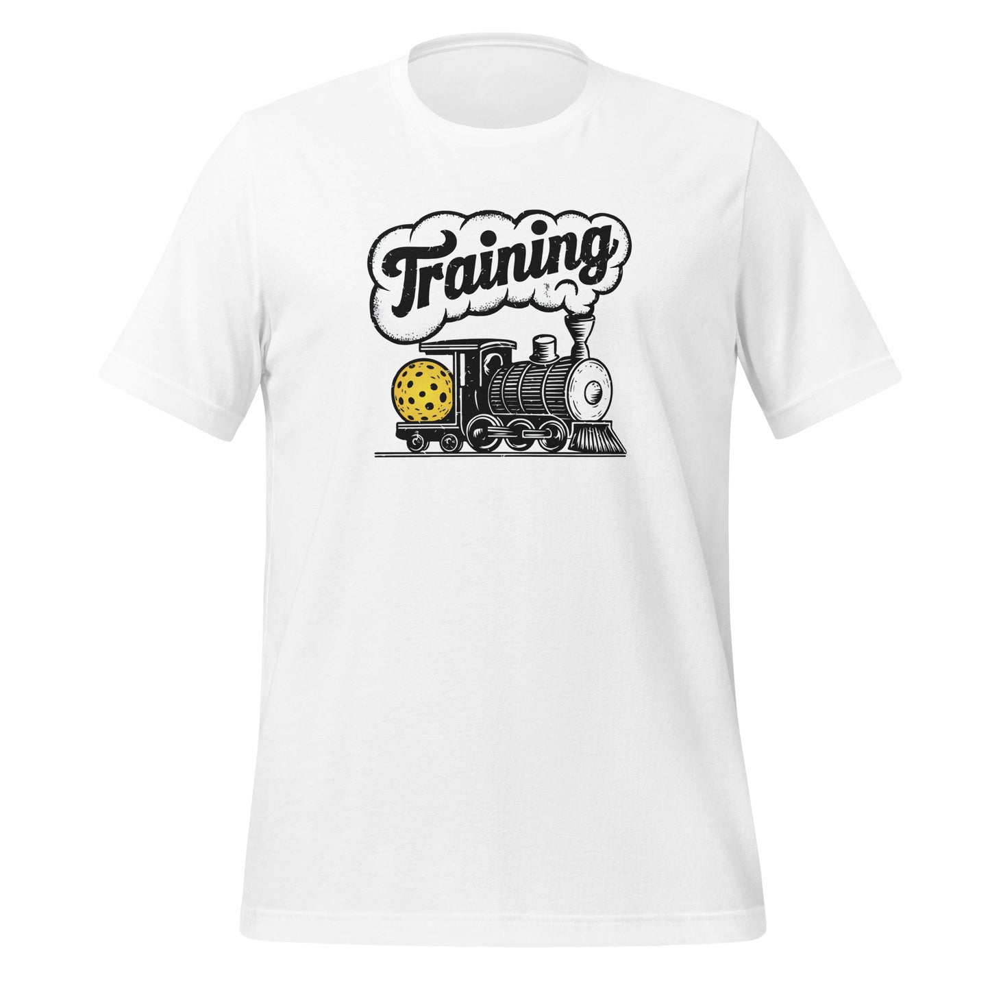 White t-shirt featuring a vintage steam engine graphic with a pickleball headlight and the word “Training” in bold text.