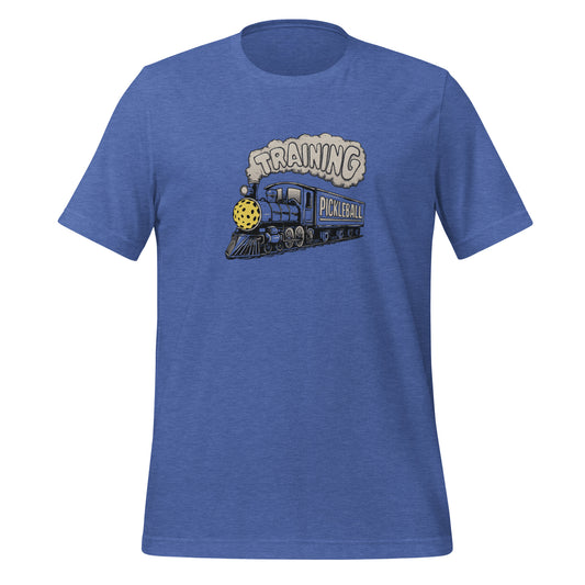 Blue pickleball t-shirt featuring a steam engine graphic with a pickleball headlight and the word “Training” in the steam.