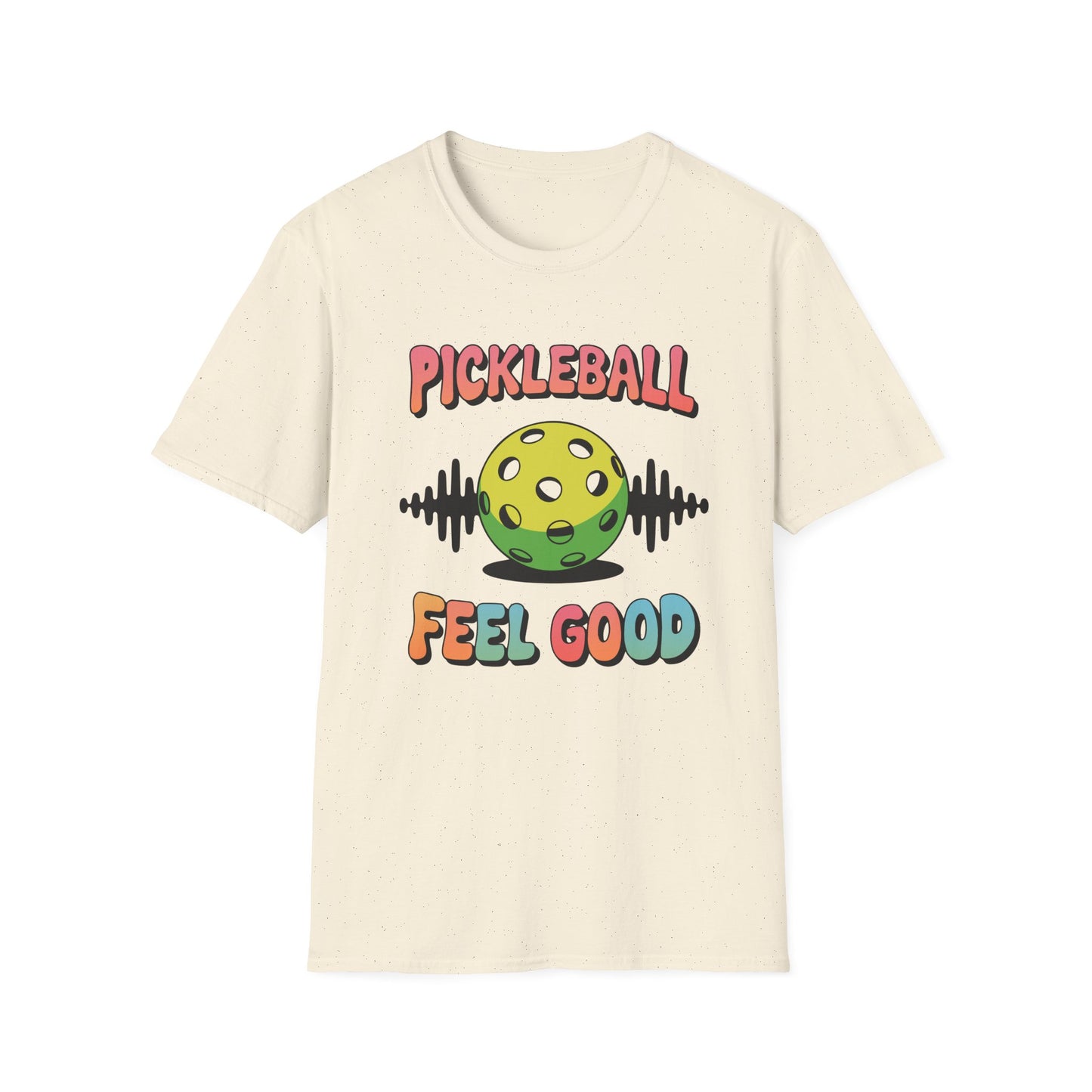 T-shirt in an alternate color featuring the playful pickleball and soundwave graphic with “Pickleball Feel Good” text in bold retro colors.