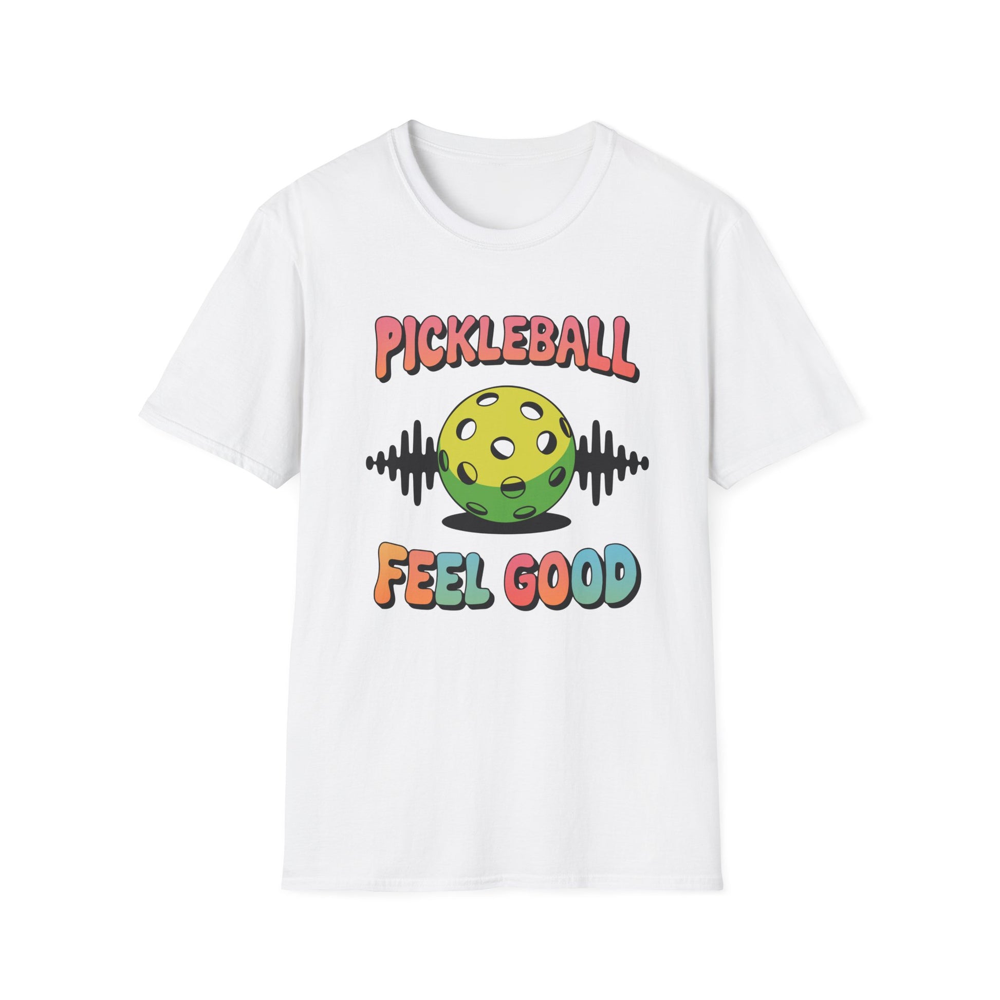 White t-shirt featuring a vibrant pickleball graphic with soundwave lines and the bold text “Pickleball Feel Good” in retro, colorful font.