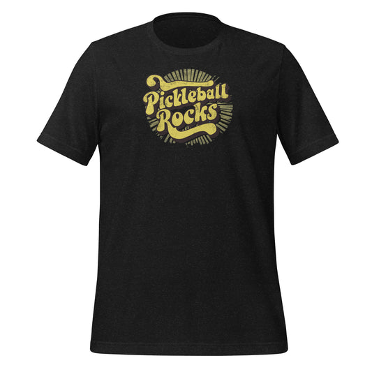 Black heather pickleball t-shirt with a retro “Pickleball Rocks” graphic in bold, vintage-style lettering.