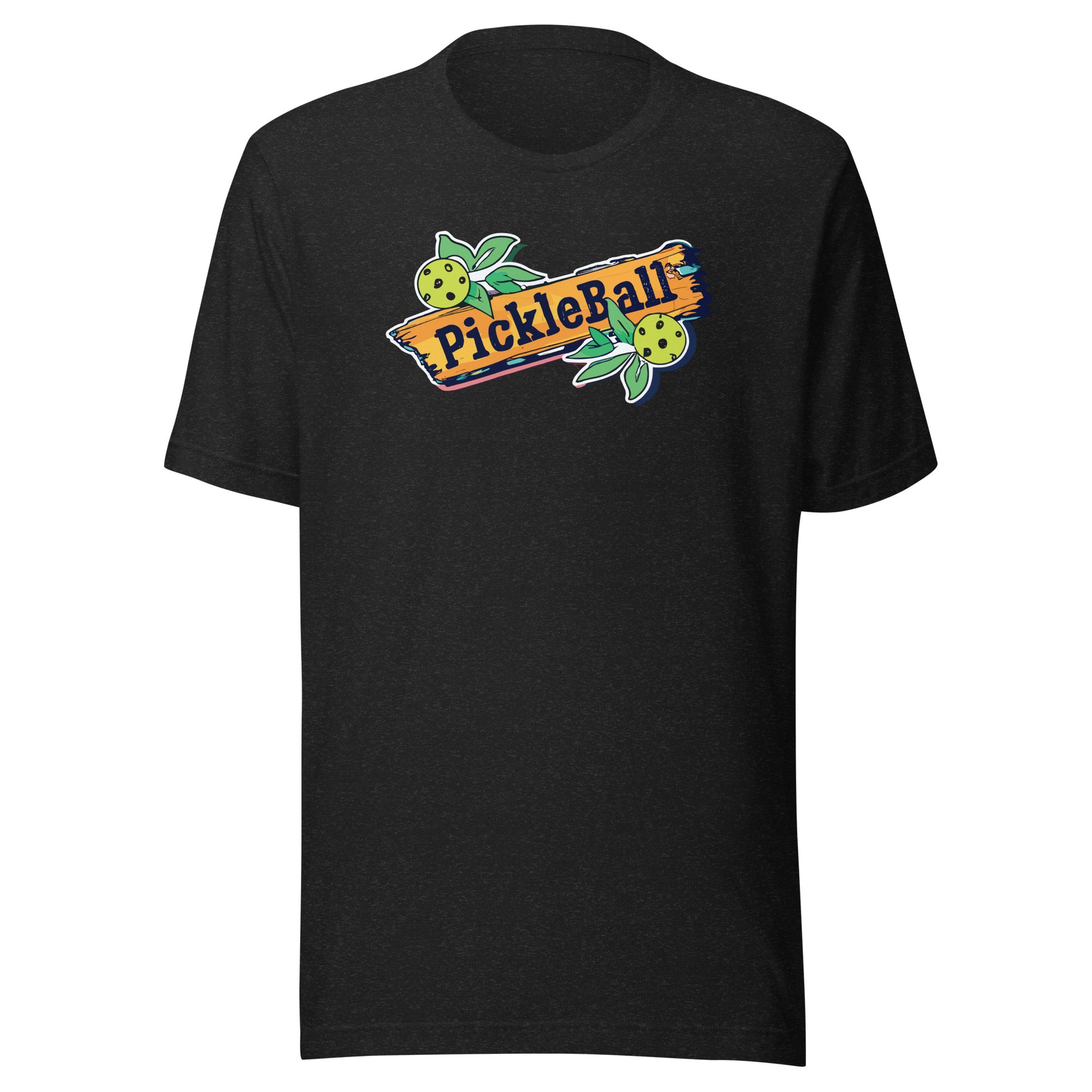 T-shirt in an alternate color featuring a rustic wood sign graphic with “Pickleball” text and pickleball fruit accents.