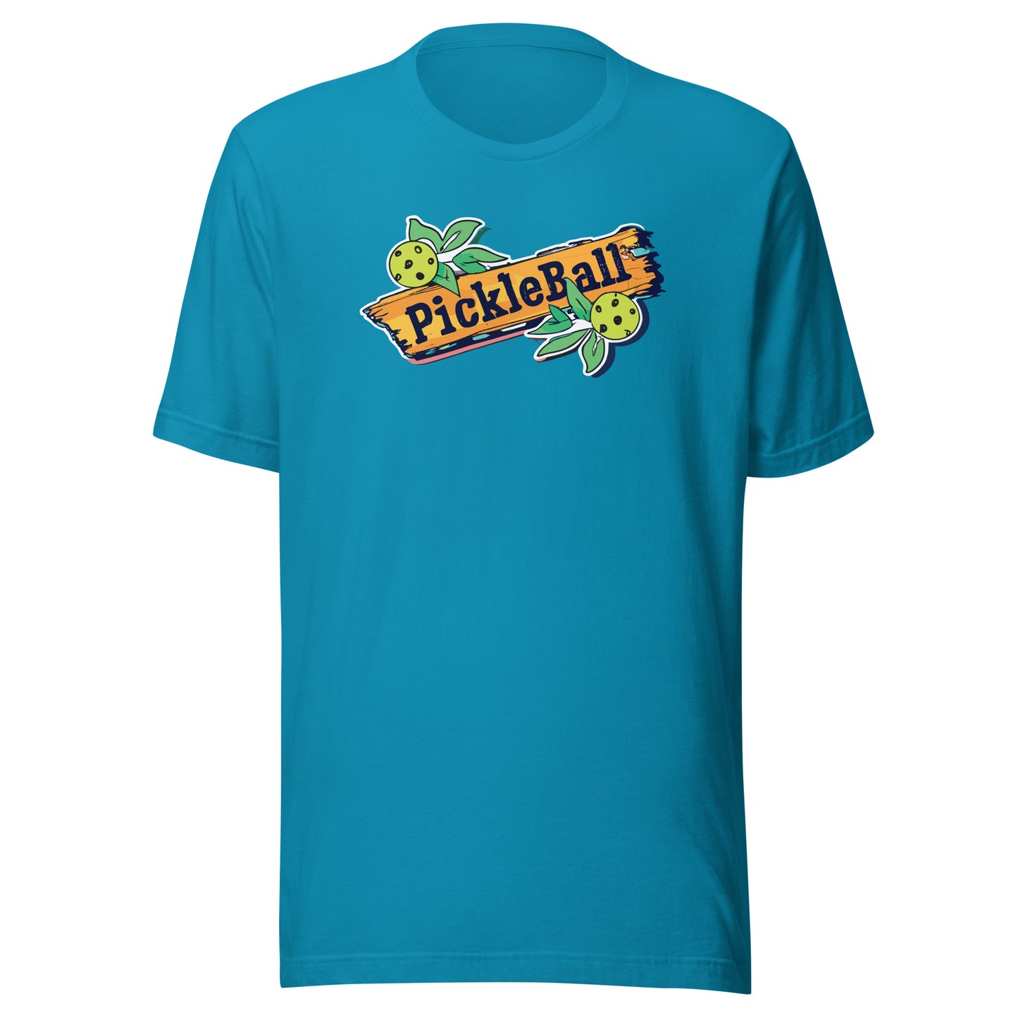 Aqua-colored t-shirt featuring a rustic wood sign graphic with “Pickleball” text and pickleball fruits with leaves on both sides of the design.