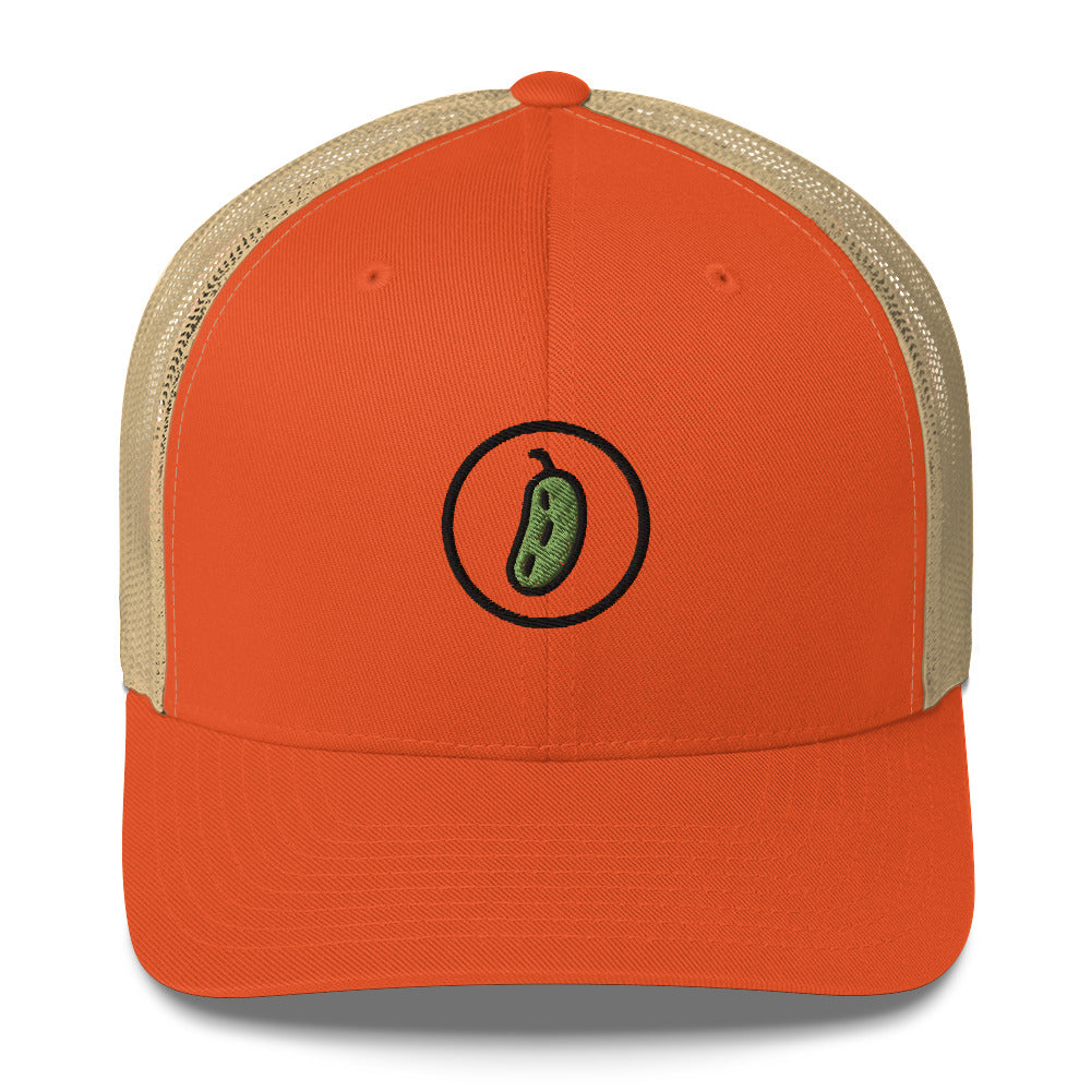 Rustic orange and khaki trucker hat featuring a simple embroidered pickle graphic in the center.