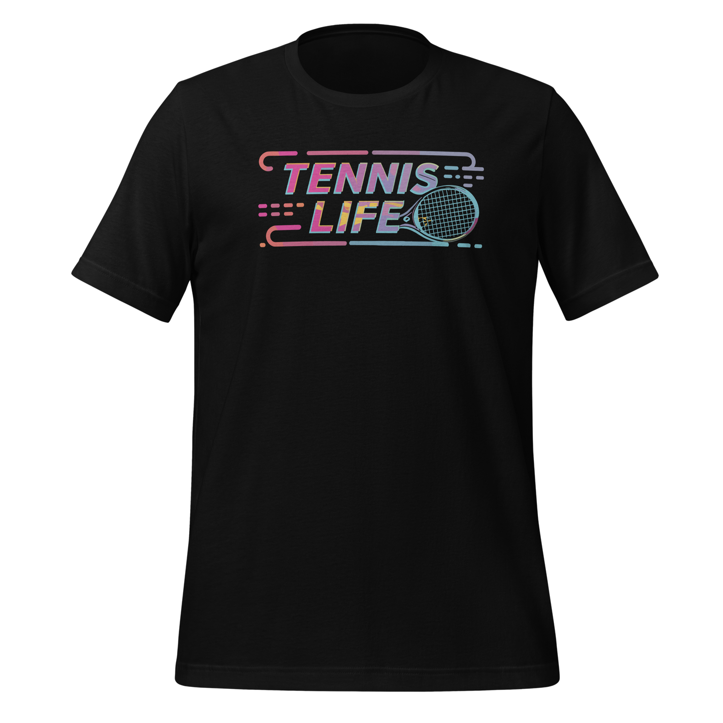 Black t-shirt featuring a vibrant “Tennis Life” graphic with a retro-inspired design and a tennis racket icon.