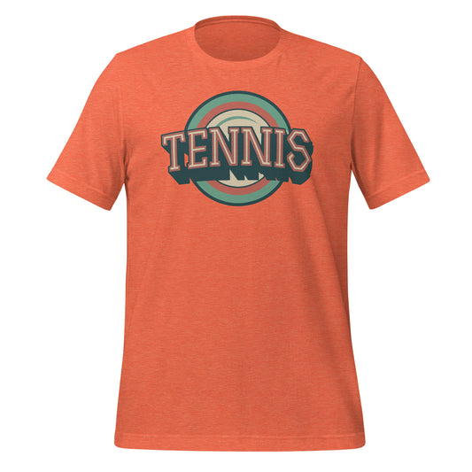 Heather orange t-shirt featuring a bold retro tennis graphic with layered text and circular design.