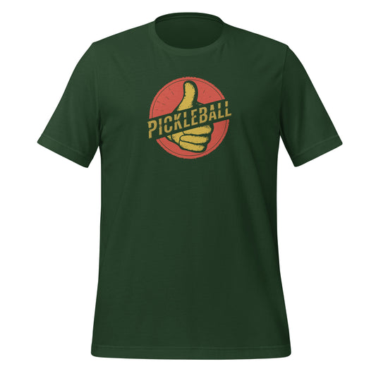 Dark green pickleball t-shirt with a vintage thumbs-up graphic and the word “Pickleball” in bold yellow text.