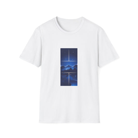 White t-shirt featuring a serene landscape with mountains, a river, and a glowing pickleball court set against a starry night sky.