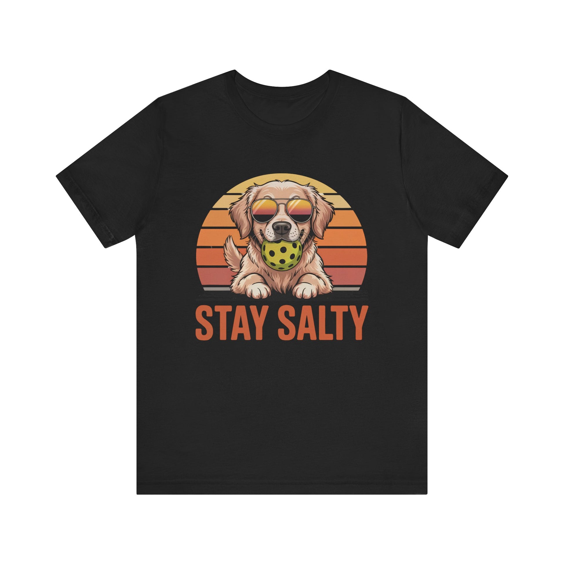 tay Salty Dog pickleball t-shirt featuring golden retriever with sunglasses and pickleball in mouth against retro sunset stripes
