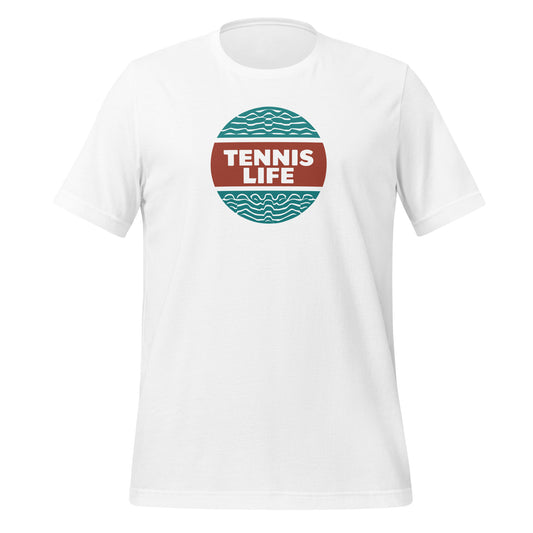 White t-shirt featuring a “Tennis Life” graphic with a retro wave pattern in teal and maroon.