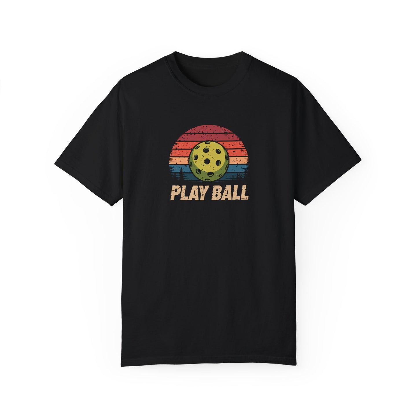 T-shirt in an alternate color featuring a retro sunset design with a pickleball and “Play Ball” text in a distressed, vintage style.