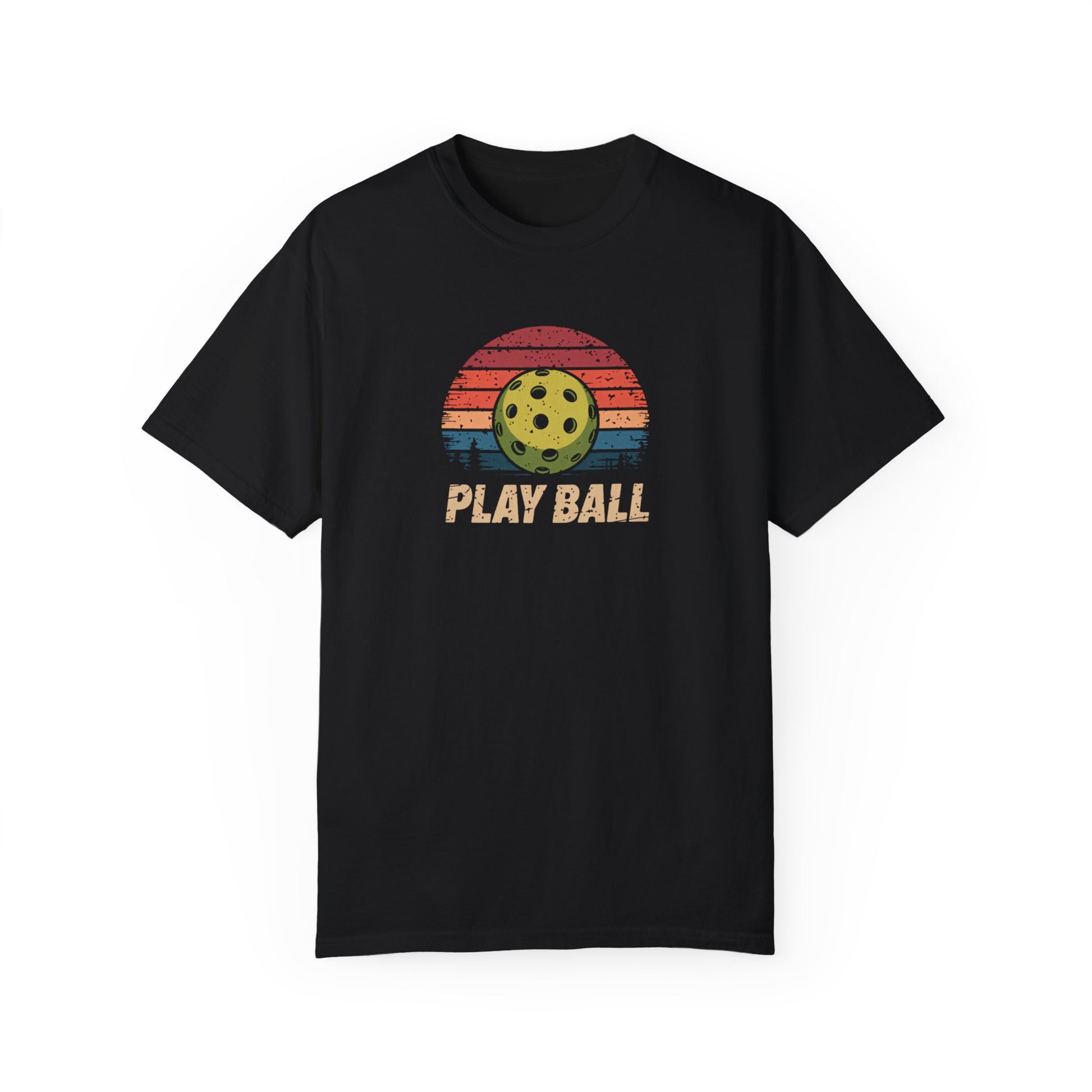 T-shirt in an alternate color featuring a retro sunset design with a pickleball and “Play Ball” text in a distressed, vintage style.